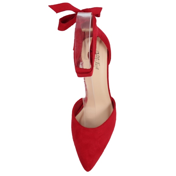 Size 5.5 Red Faux Suede Pointy Toe Ankle Tie Stile - Picture 3 of 7